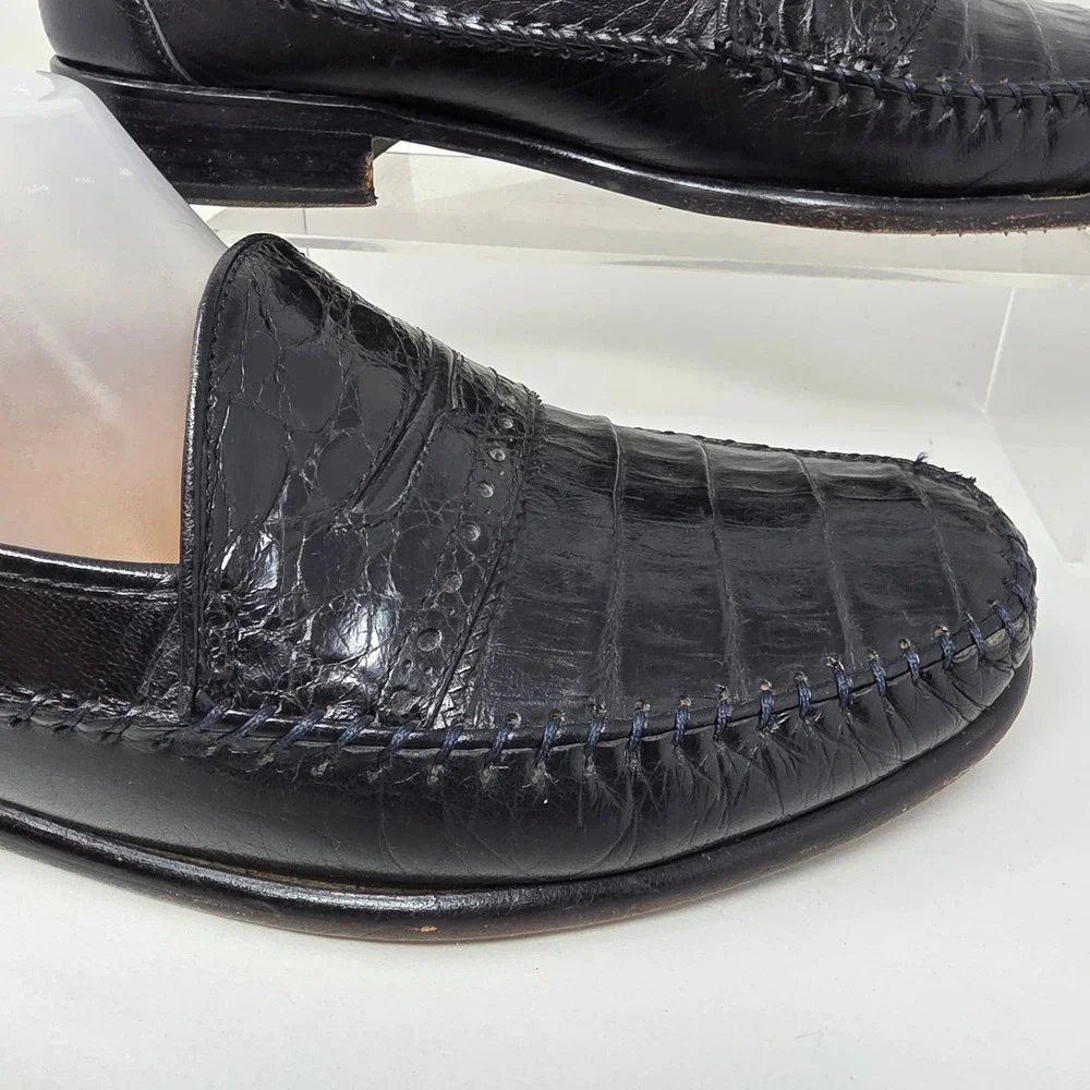David Eden Loafers Mens 9 Black Crocodile Leather Exotic Penny Moccasin Good
